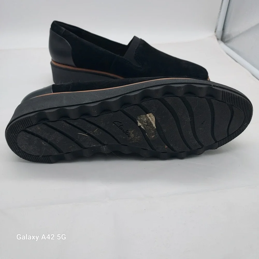 Clarks Collection Sharon Dolly Black Suede Wedge Loafers Womens 8 261558194055